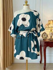 Rometta Flower Printed Asymmetric Collar Plus Size Casual Vacation Dress - Multicolor - View 3