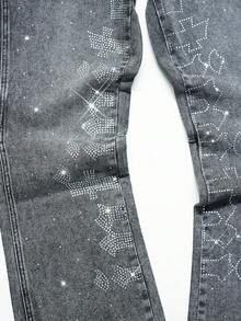 Manfinity EMRG 男士美式水钻拼接毛边水洗灰喇叭牛仔裤 - 灰色 - 查看 3