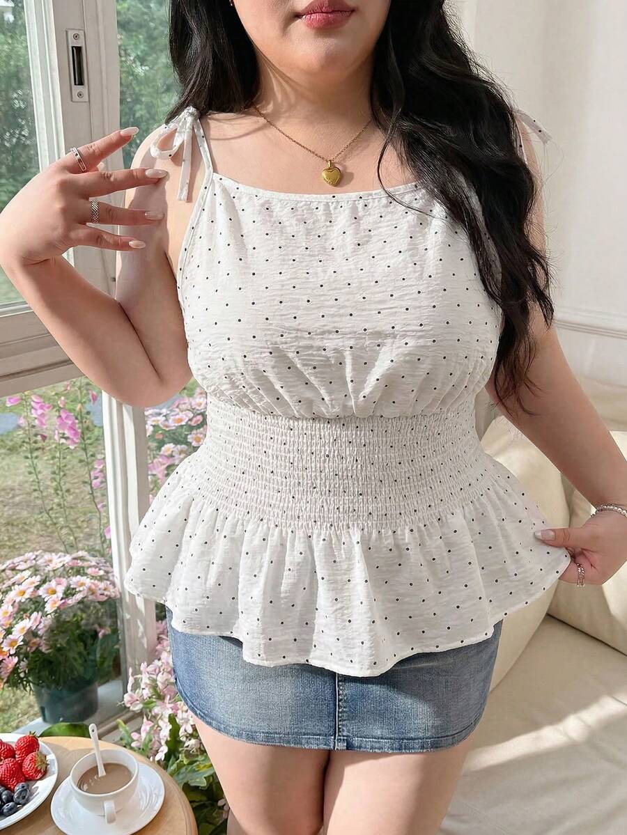 CovetEZ Áo camisole chấm bi nhún bèo đa năng dành cho nữ cỡ lớn, thích hợp mặc hàng ngày. - Đen và trắng - Xem 1