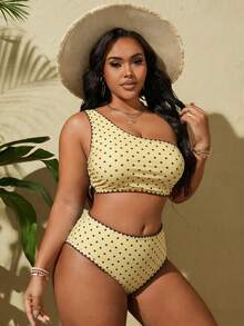 Swim Mod Plus Size Colorblock Polka Dot Print Asymmetrical Shoulder Swimsuit Set - Multicolor - View 5
