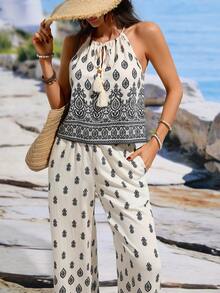 SHEIN Holidaya Conjunto Casual de Verão/Primavera para Mulheres, Camisa Halter com Estampa Floral e Decoração de Borla e Calça com Cintura Elástica, Conjunto de 2 Peças - Preto e Branco - Visão 4