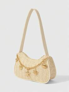 ROMWE Fairycore Bộ 1 túi xách đi biển dệt kim kèm phụ kiện, túi xách nữ thời trang cá tính phong cách nghỉ dưỡng biển (Bao gồm 1 túi và 1 bộ phụ kiện) - Chuỗi rùa màu be - Xem 2