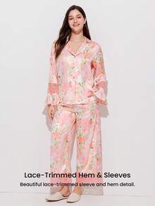 LUVLETTE 优雅性感粉色碎花睡衣套装 - 长袖上衣和蕾丝边阔腿裤，迷人家居服睡衣 - 粉色 - 查看 2