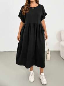 Shapeblank 大码女装春夏时尚休闲宽松舒适日常百搭显瘦荷叶袖口袋黑色中长连衣裙，简约风格，夏季穿搭，欧洲夏季 - 黑色 - 查看 4