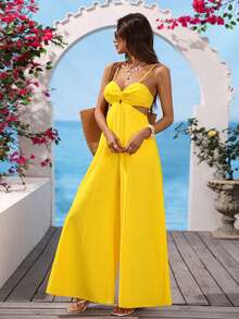 Vivid Eden Women's White Cutout Wide-Leg Jumpsuit, Summer Casual Sexy Spaghetti Strap Sweetheart Neck Waist Twist Hollow Out Holiday For Beach Golf Vacation - Yellow - View 2