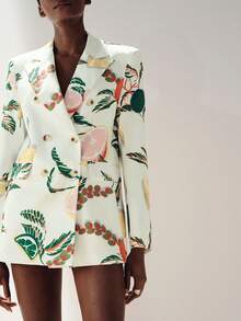 Aveloria Modichic Women's Chic Tropical Fruit Print Blazer Off White Double-Breasted Lapel Jacket,Summer Holiday Tea Party Stylish Casual Suit,Fashionable Street Style - White - View 4