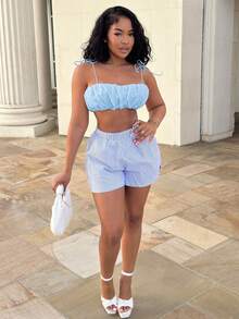Alexandranx Atasan Camisole Crop Berkerut Warna Polos untuk Wanita, Biru, untuk Musim Panas - Biru - View 6