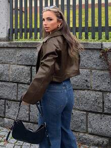Jeta Ari 女士宽松休闲机车风PU皮夹克，长袖，秋季服装 - 棕色 - 查看 2