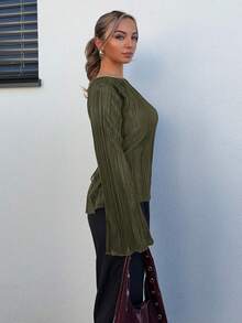 Jeta Ari Autumn/Winter Wide Round Neck Flare Sleeve Cinched Waist Pleated Shirt - Army Green - View 5