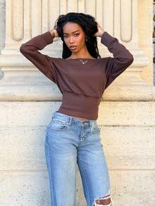 Mima John 杏色针织不对称肩部长袖上衣，女士秋冬款 - 咖啡棕 - 查看 4