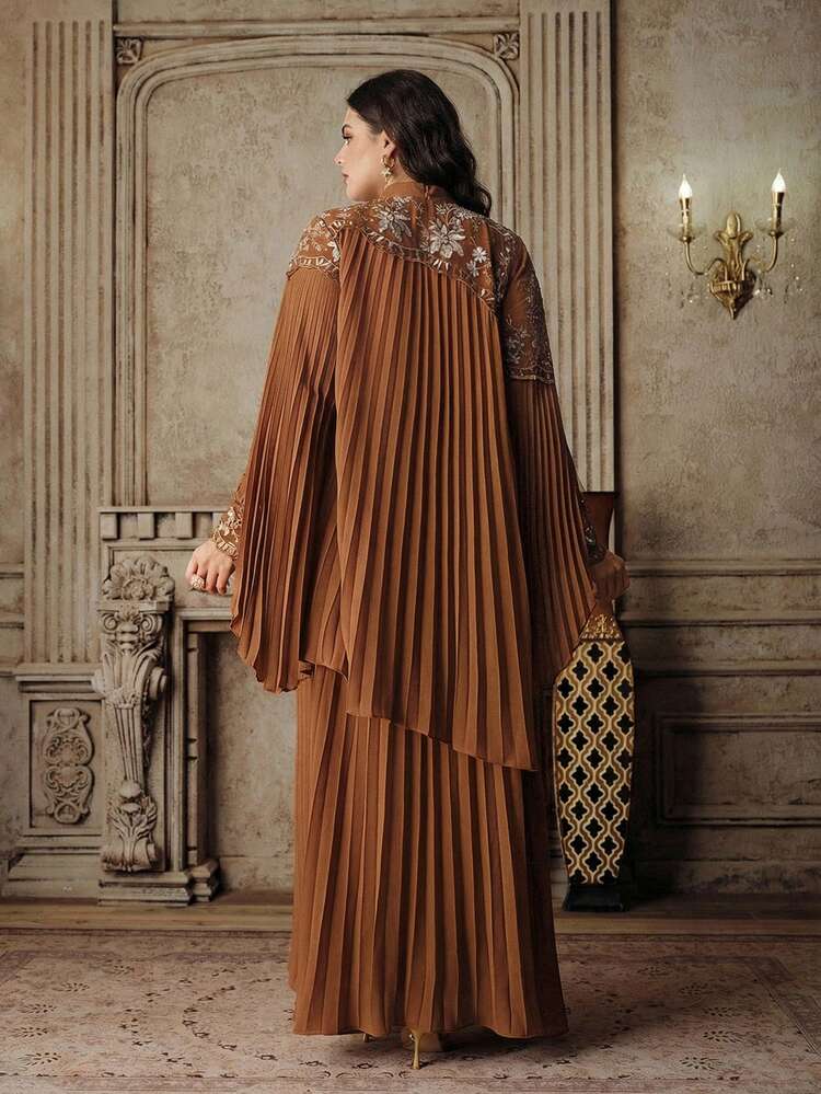 Women's New Pleated Elegant Flared Embroidered Khaki Dress, Plus Size