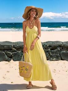 Sylviya 女士休闲吊带系带连衣裙 - 黃色 - 查看 9