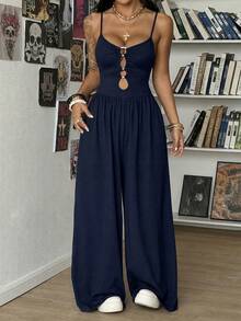 StreetHx Women's Casual Black Hollow Circle Decor Minimalist Jumpsuit, Suitable For Spring And Autumn - Navy Blue - View 6