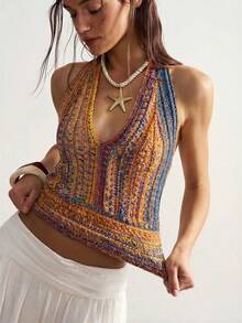 Bohemela 女士撞色露背系带性感百搭约会之夜针织上衣 - 彩色 - 查看 4