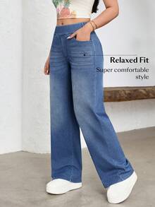 SHEIN FlexDen Quần jean ống rộng cạp chun co giãn dành cho nữ, kiểu dáng thể thao năng động. - Rửa tối - Xem 5
