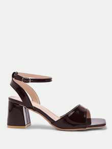 CUCCOO CURVES 女鞋 宽楦 时尚方头粗跟 棕色踝靴 毛尾口 简约经典 日常舒适 加厚高跟女凉鞋 大码 - 咖啡鏡面 - 查看 2