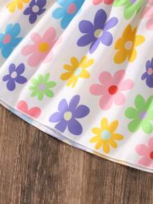 女童碎花印花方领荷叶袖T恤和迷你裙可爱套装 - 彩色 - 查看 5