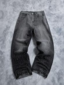 Manfinity EMRG 男士高街美式街头风渐变水洗水钻装饰宽松阔腿裤，送给男友和老公的完美节日礼物，男士水钻牛仔裤灰色宽松牛仔裤 - 黑色 - 查看 1