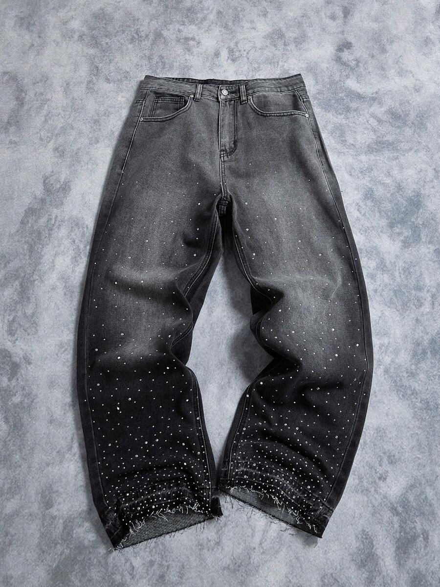 Manfinity EMRG 男士高街美式街头风渐变水洗水钻装饰宽松阔腿裤，送给男友和老公的完美节日礼物，男士水钻牛仔裤灰色宽松牛仔裤 - 黑色 - 查看 1