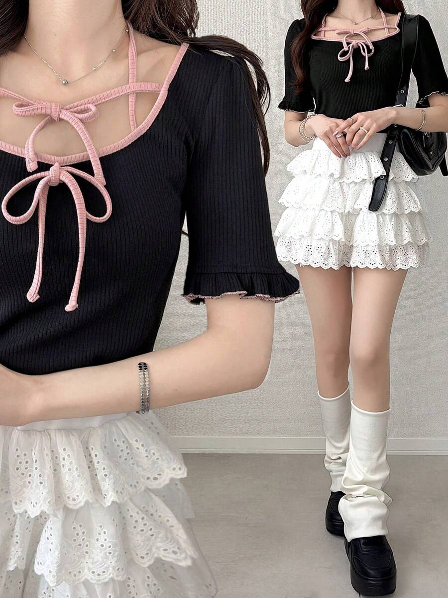 FRIFUL Women's Colorblock Tie-Front Bowknot Fitted T-Shirt, Versatile For Spring And Summer - Black - View 1