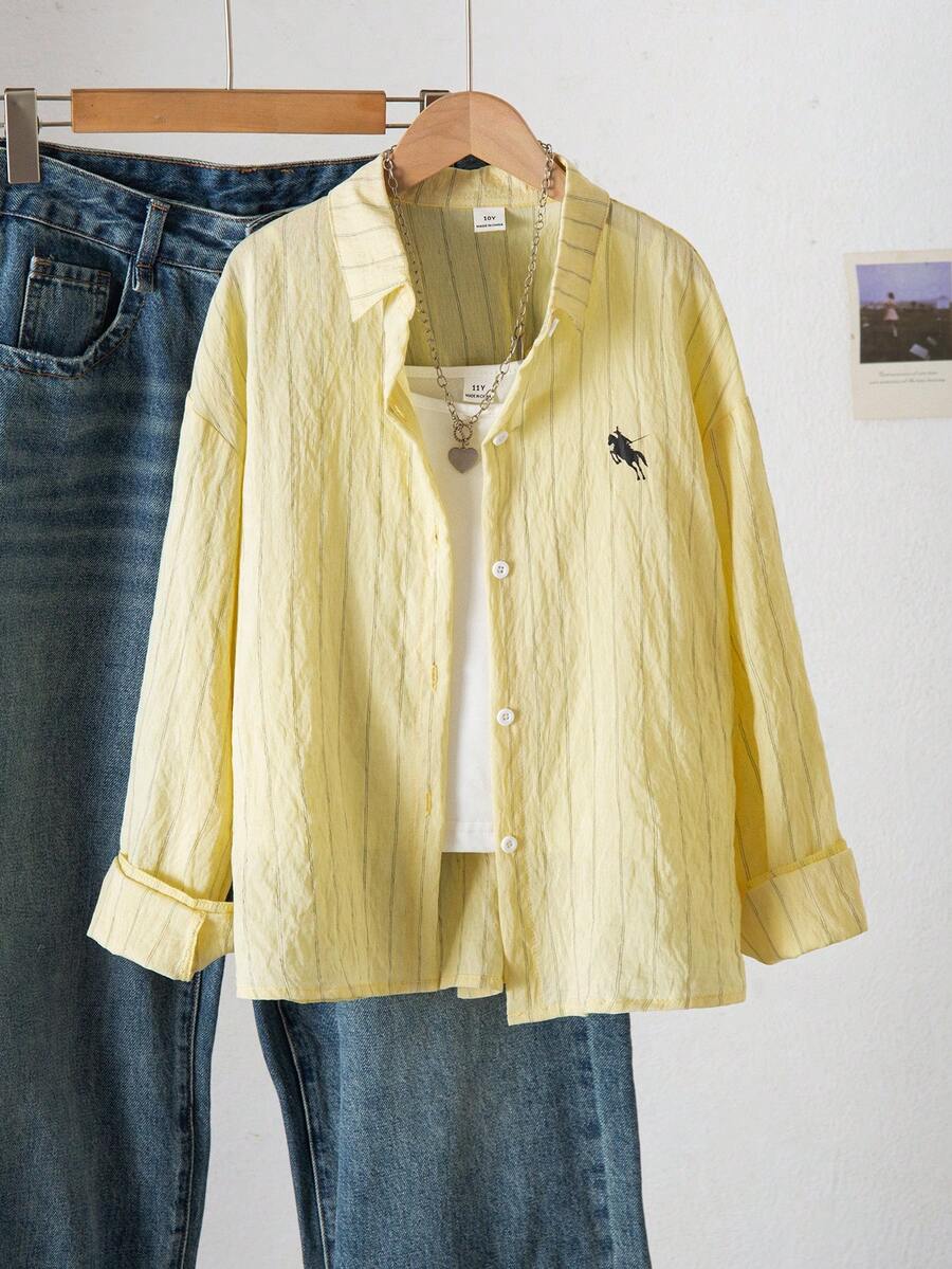 SHEIN 少女骑士图案条纹长袖单排扣休闲衬衫 - 黃色 - 查看 1