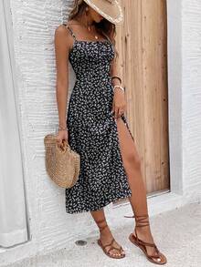 SHEIN Frenchy Women's Casual Vacation High Slit Mid-Length Dress, Ditsy Floral Dress, Women's Summer Outfit, Women's Vacation Outfit - Multicolor - View 5