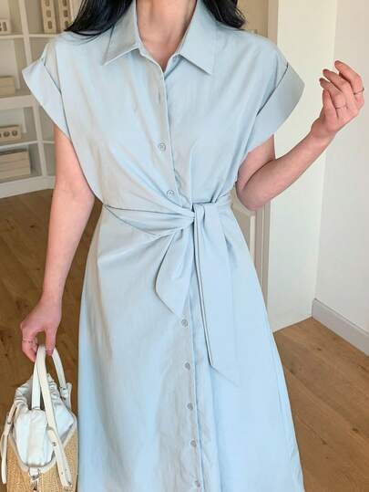 DAZY Women's Solid Color Bat Sleeve Tie Waist Single-Breasted Casual Midi Shirt Dress
