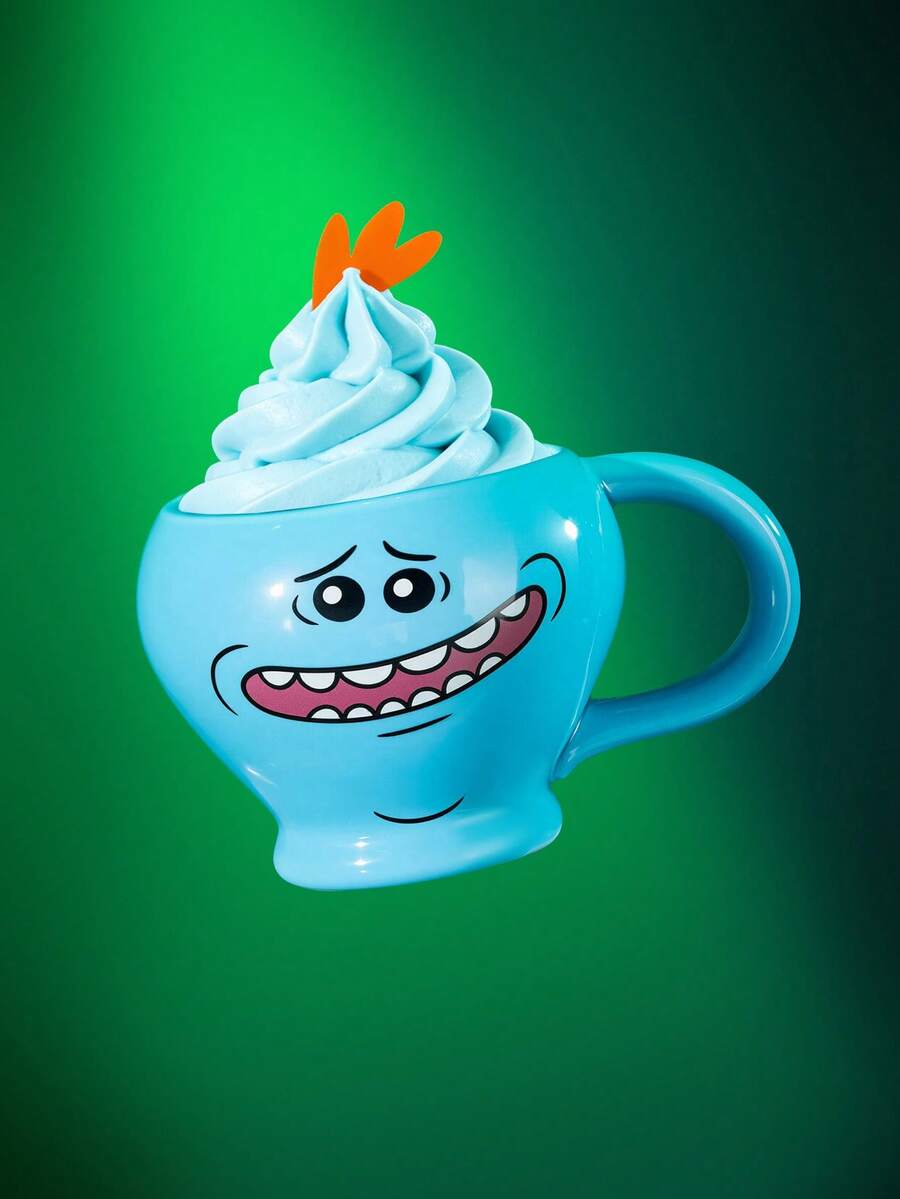 Rick and Morty X SHEIN 1个13盎司/380毫升卡通图案印花陶瓷马克杯，耐冷耐热，可用于微波炉和洗碗机，适用于盛装水、牛奶、果汁、咖啡、茶，Mr. Meeseeks品牌 - 藍色 - 查看 1