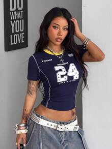 Coolane Women's Summer Party/Graduation/Casual/Vacation/Street Style/Y2K/Fashionable/Daily Wear Number Pattern Navy Blue Short Sleeve T-Shirt, Crop Tops Y2k, Navy Tops, Babyphat Clothes Women - Navy Blue - View 2