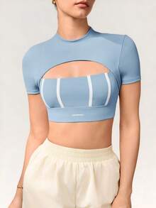 Activina Camiseta deportiva de manga corta casual con contraste de color para mujer - Celeste - Ver 4
