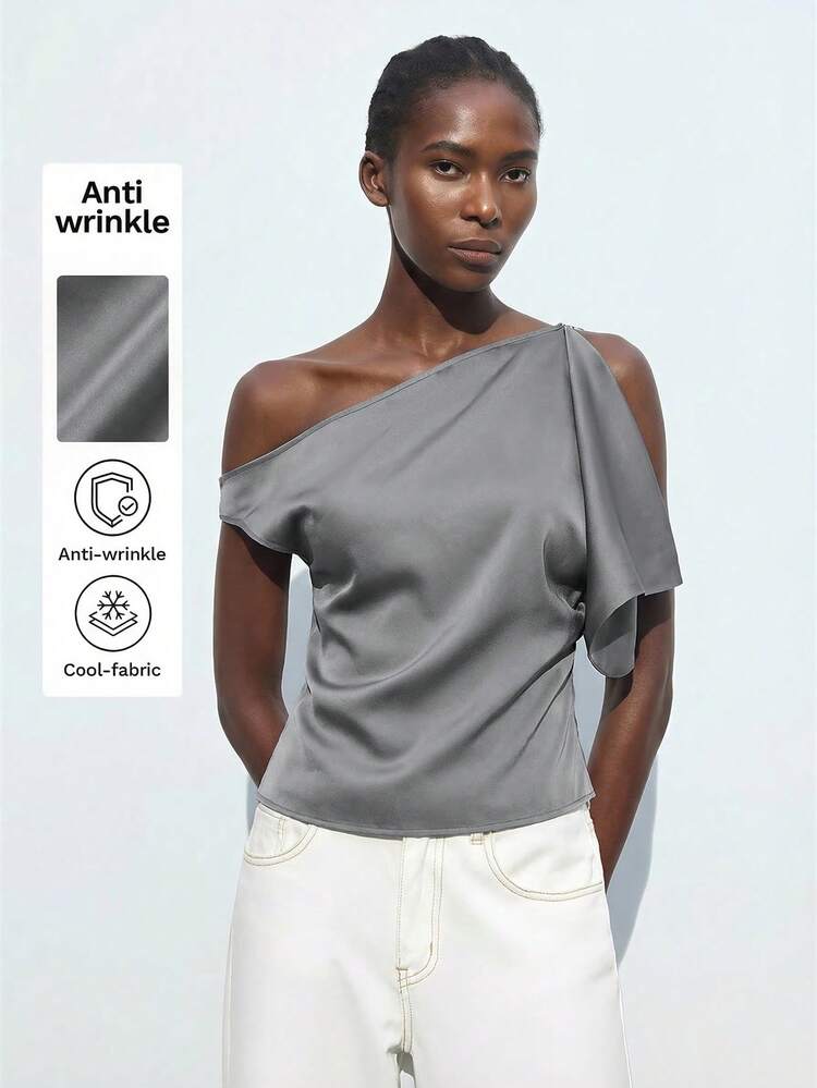 SHEIN Maija Women's Asymmetric Design Summer Versatile Chic Elegant Urban Fashionable Comfortable Fitted Asymmetric Shoulder Design Backside Lace-Up Decor Business Casual Outfit, Suitable For Concerts, Social Events, Office, Cruise High-End, Elegant, Old-Fashioned Cruise Attire For Wedding Guests All-Season Versatile Modern Urban Fashion Business Casual Women's Wear Office Attire Understated Old-Money Style, Elegant And Sophisticated, High-Quality Commuter And Airport Women's Wear,Summer Top