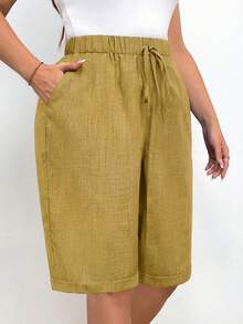 EMERY ROSE Plus Size Women Solid Color Drawstring Waist Pocket Casual Versatile Daily Shorts - Yellow - View 5