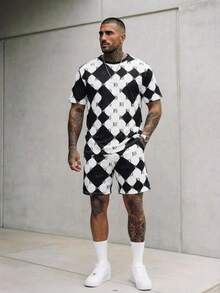 GENTILAND Men's Everyday Commuting Elegant And Stylish Printed T-Shirt Set Black White Short Set Men Men Summer Sweatsuit Dice Design Men Tshirt Suit Set Men Two Piece Casual Short Sets Men S Casual Graphic Letter Print Short Sleeve T Shirt And Shorts Set - Black and White - View 6