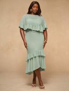 SHEIN BAE Plus Size Women Solid Color Ruffle Hem Elegant Waist Cinched Party Dress,Summer Outfit For Women,Spring Clothing,Festival Dresses,Easter Dress Women,Elegant Long Party Dress,Beach Outfit,Plus Size,Curve,Holiday Dresses,Elegant  Dress,Green Dresses For Women ,Ruffle Dress - Green - View 6