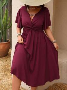 SHEIN LUNE Plus Size Women's Spring & Summer V-Neck Chain Splice Ruffle Twist Waist Textured Elegant Mid-Length A-Line Dress - Burgundy - View 5