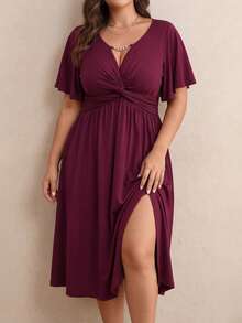 SHEIN LUNE Plus Size Women's Spring & Summer V-Neck Chain Splice Ruffle Twist Waist Textured Elegant Mid-Length A-Line Dress - Burgundy - View 8