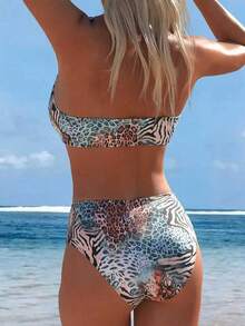 SHEIN Swim Lushore Bộ bikini quây hai dây họa tiết da báo dành cho nữ, thích hợp cho mùa hè. - Nhiều màu - Xem 2
