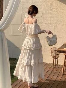 Joudiya Đầm trắng trơn dáng xòe mùa xuân hè, đầm chiffon dáng lệch vai bèo nhún, đầm midi rộng rãi, bồng bềnh cho nữ, kiểu boho trễ vai. - Màu be - Xem 5