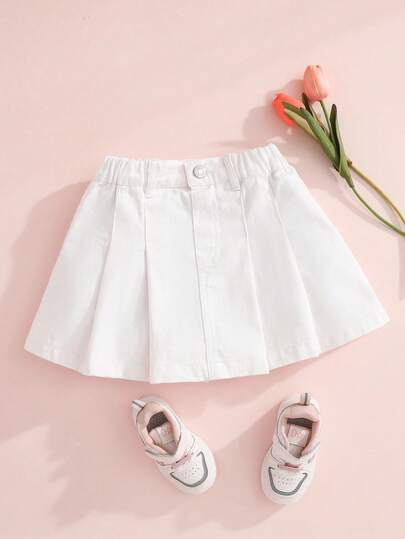 SHEIN 女童休闲可爱牛仔百褶裙，夏季轻薄新款，水洗白，休闲甜美街头风，简约设计，七分松紧腰，按扣装饰，A字无弹牛仔短裤，柔软舒适的棉质牛仔面料，适合日常、派对、上学、通勤等场合，2026夏季新品