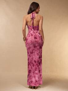 Silquee Vestido longo feminino de chiffon floral com decote em V, drapeado e amarração na cintura, para primavera/verão. - Rosa - Ver 2