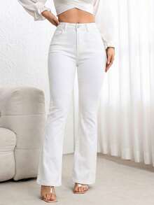 SHEIN PETITE 女士纯色高腰休闲百搭喇叭牛仔裤 - 白色 - 查看 4