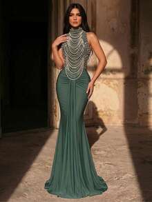 Glamrae 优雅奢华珍珠串珠花卉拼接弹力针织褶皱美人鱼裙泳衣，适合婚礼、派对、度假、舞会礼服（厚款） - 草綠色 - 查看 7