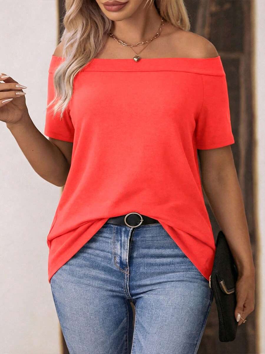 EMERY ROSE New Neon Red Casual Off-Shoulder Short Sleeve Plus Size T-Shirt - Red - View 1