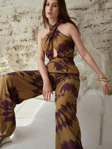 MOTF PREMIUM LINEN PRINTED HALTER BACKLESS JUMPSUIT, SUITABLE FOR URBAN VACATION IN SPRING AND SUMMER - Multicolor - View 6