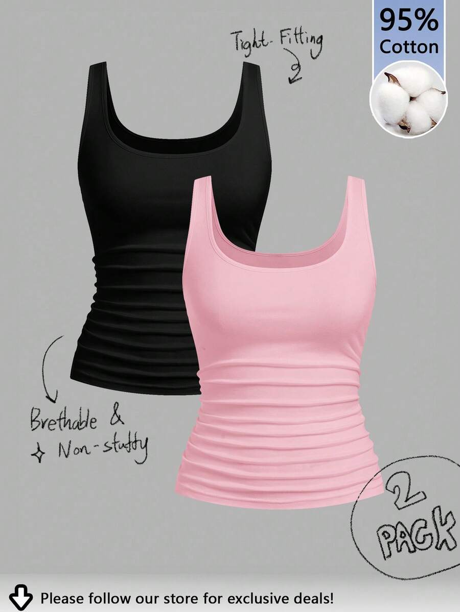 Tseoso Bộ áo hai dây cổ tròn ôm sát dành cho nữ, chất liệu 95% cotton, kiểu dáng thường ngày, đa năng. - Nhiều màu - Xem 1