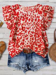 SHEIN Clasi Plus Size Minimalist Printed Round Neck Shirt - Red - View 1