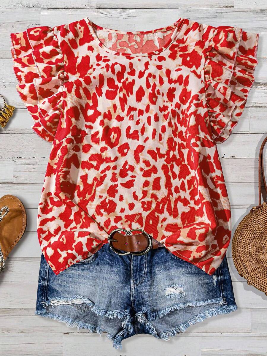 SHEIN Clasi Plus Size Minimalist Printed Round Neck Shirt - Red - View 1