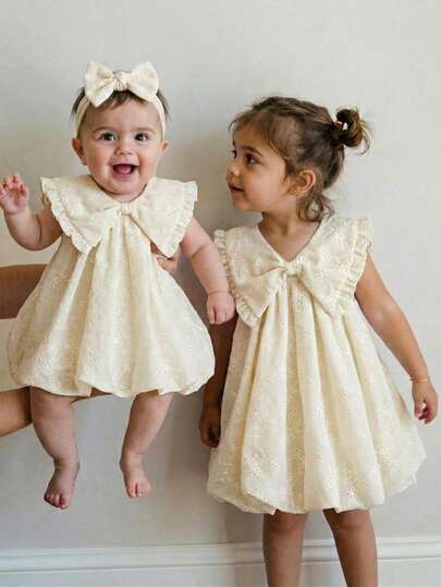 SHEIN 新生女宝宝可爱优雅杏色花卉刺绣蝴蝶结领连衣裙，夏季