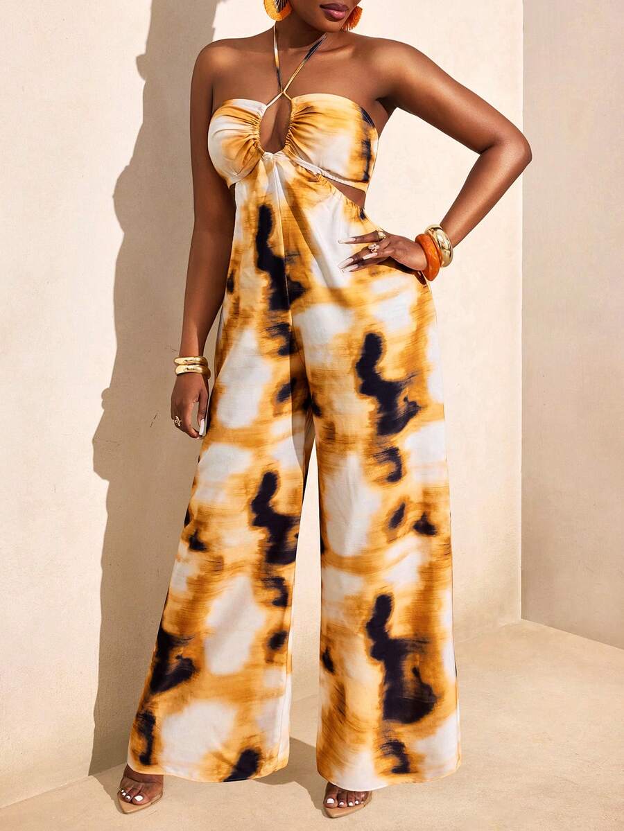 BamGleam Summer New Tie-Dye Print Bandeau Jumpsuit, Twist Hollow High Waist Wide Leg Pants, Suitable For Vacation, Beach Photography, Sexy Vibe - Multicolor - View 1