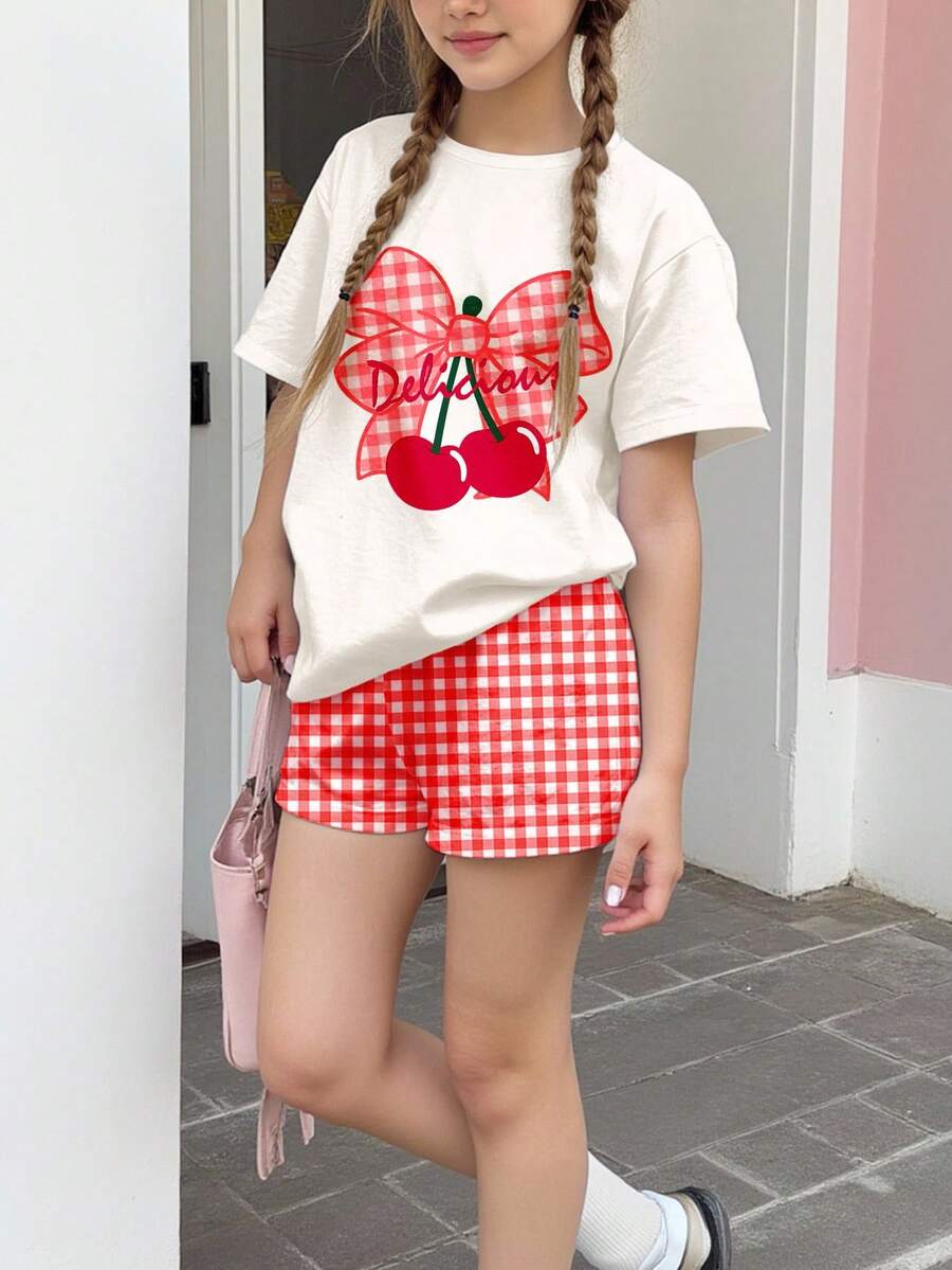 Cute Mini Red Plaid, Cherry Pattern, Tween Girl Casual Minimalist Short Sleeve Round Neck T-Shirt And Shorts 2-Piece Set, Suitable For Summer Vacation - Multicolor - View 1